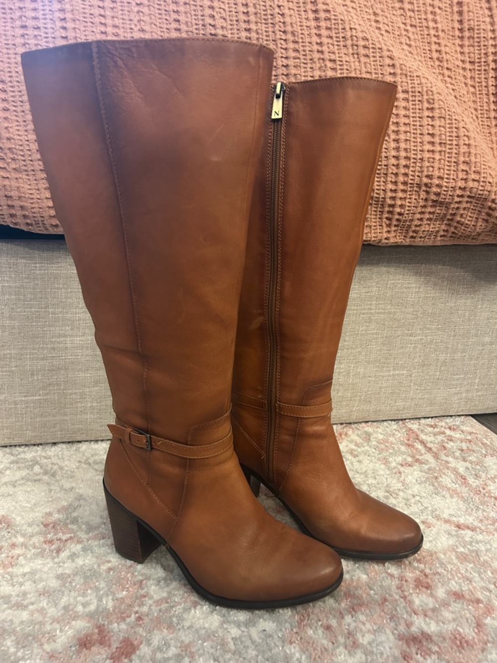 Naturalizer Cognac Brown Leather Knee-High Block Heel Boots